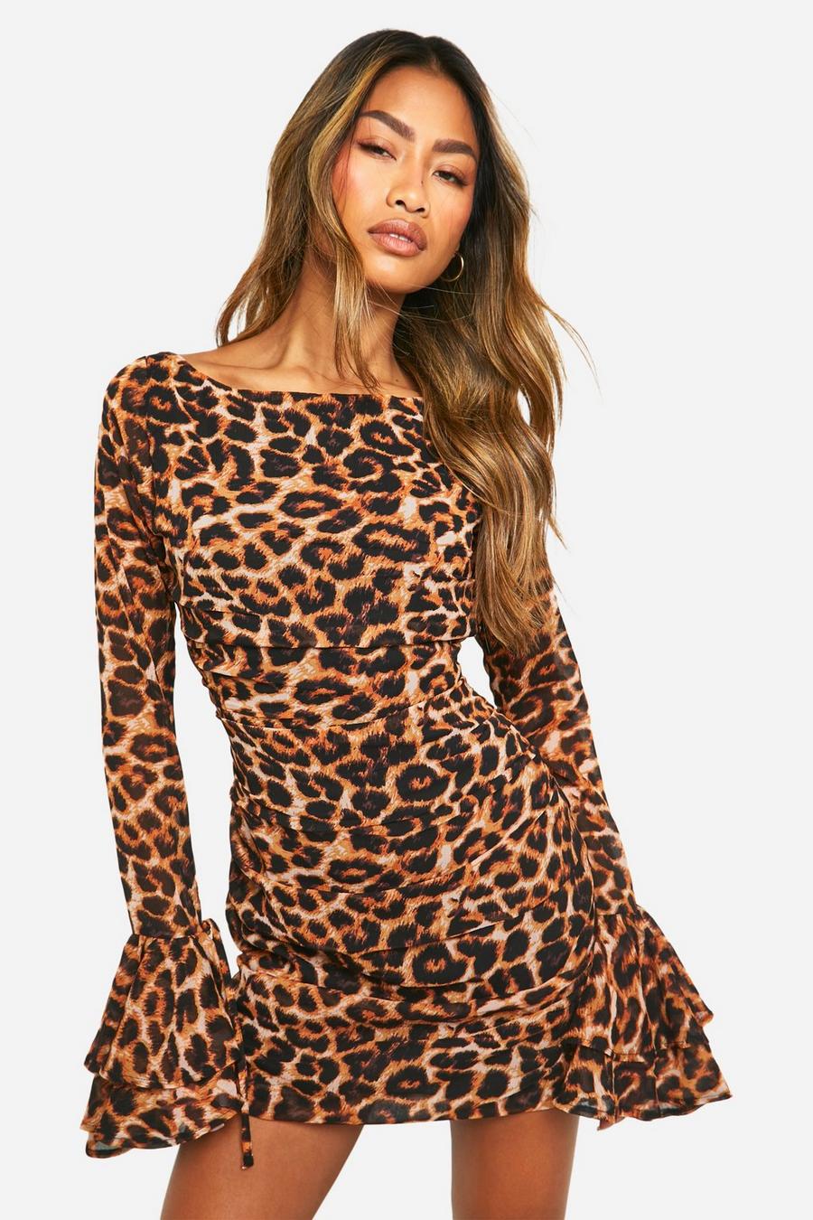 Robe courte volantée à imprimé léopard, Brown
