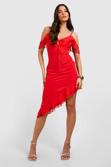 Chiffon Assymteric Ruffle Strappy Mini Dress red