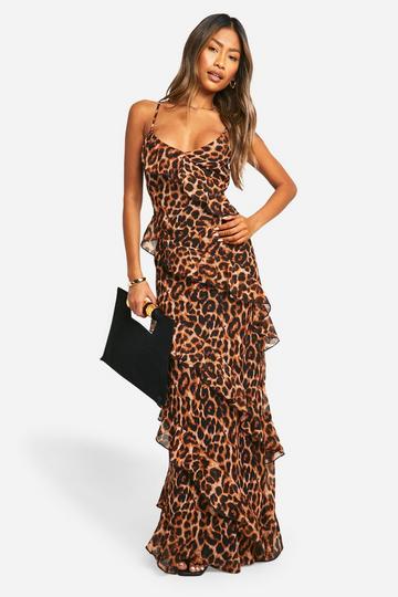 Chiffon Luipaardprint Maxi Jurk Met Ruches brown