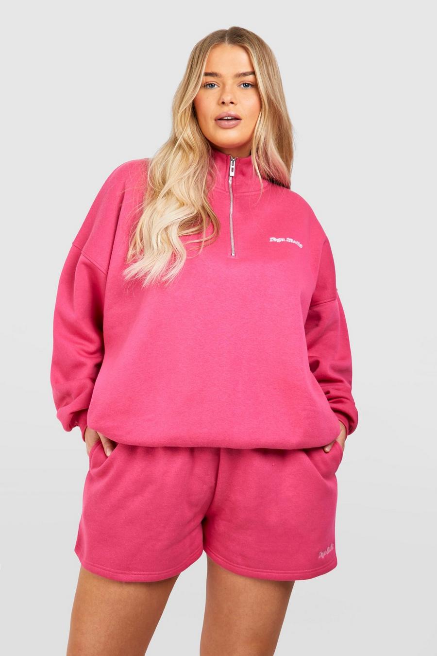 Plus Oversize Sweatshirt mit Dsgn Studio Schriftzug und halbem Reißverschluss, Hot pink