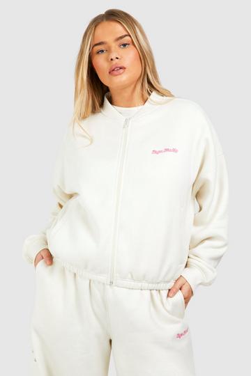 Ecru White Plus Dsgn Studio Script Zip Through Bomber Sweatshirt