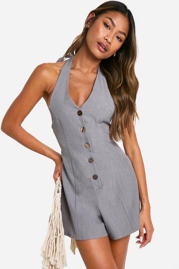 Linen Look Button Through Halterneck Playsuit grey