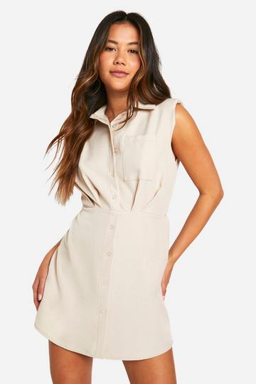 Cream White Linen Look Shoulder Pad Shirt Dress