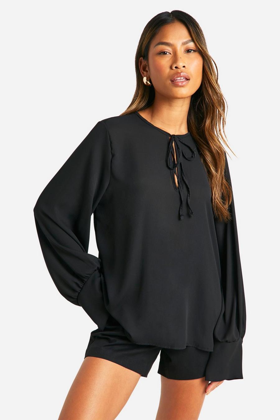 Black Woven Pleated Back Puff Sleeve Blouse image number 1