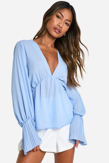 Woven Pleated Cuff Blouse powder blue