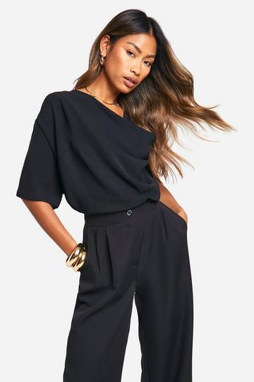 Hammered Cowl Neck Flared Sleeve Blouse black