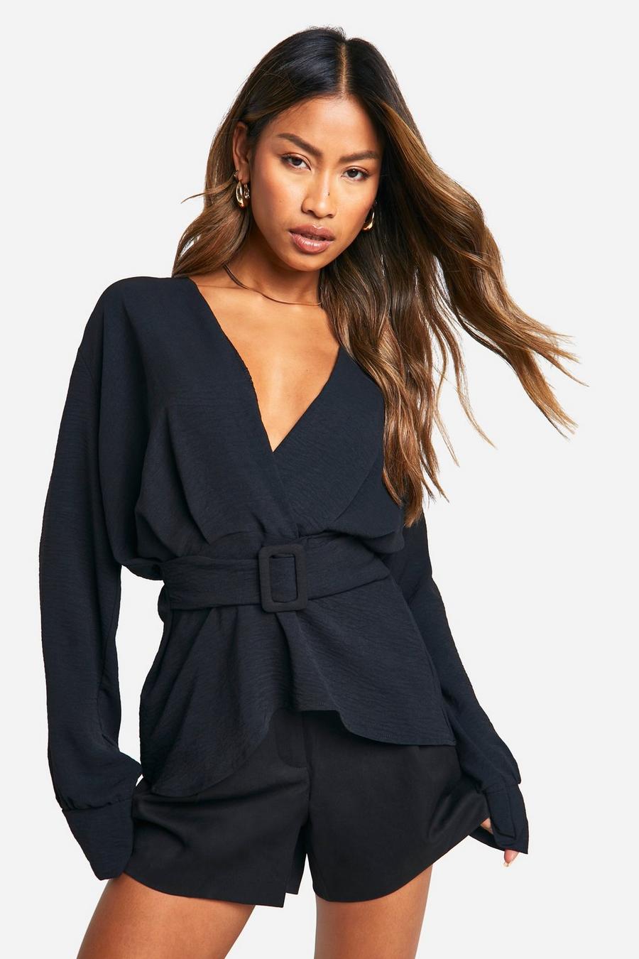 Black Hammered Belted Puff Sleeve Blouse