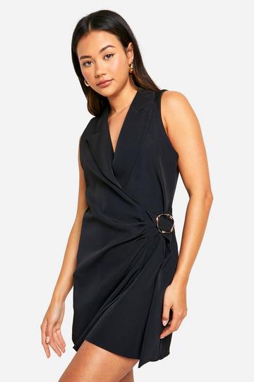 Black Buckle Detail Tie Waist Tailored Blazer Dress