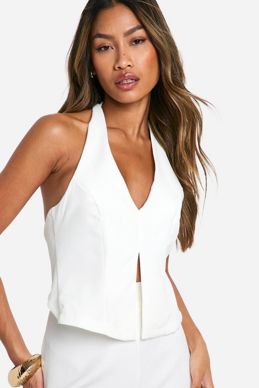 Ivory Plunge Front Open Back Fitted Vest