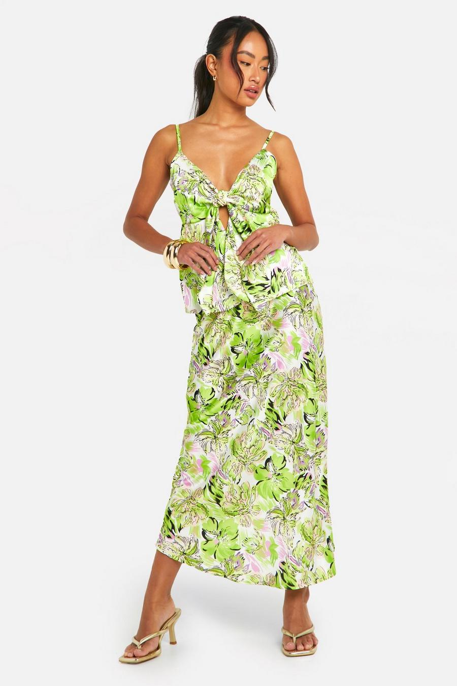 Chartreuse Floral Satin Knot Front Cami & Bias Midi Skirt image number 1