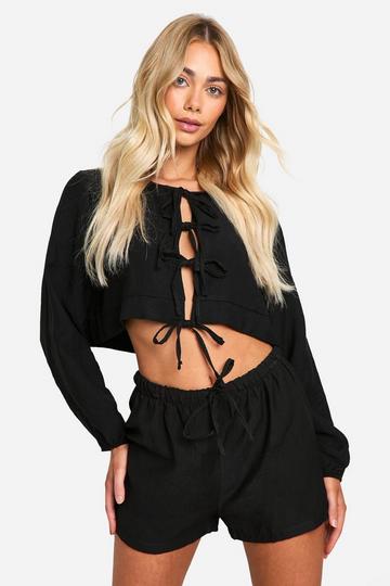 Linnen Look Blouse Met Volle Mouwen En Losse Shorts black