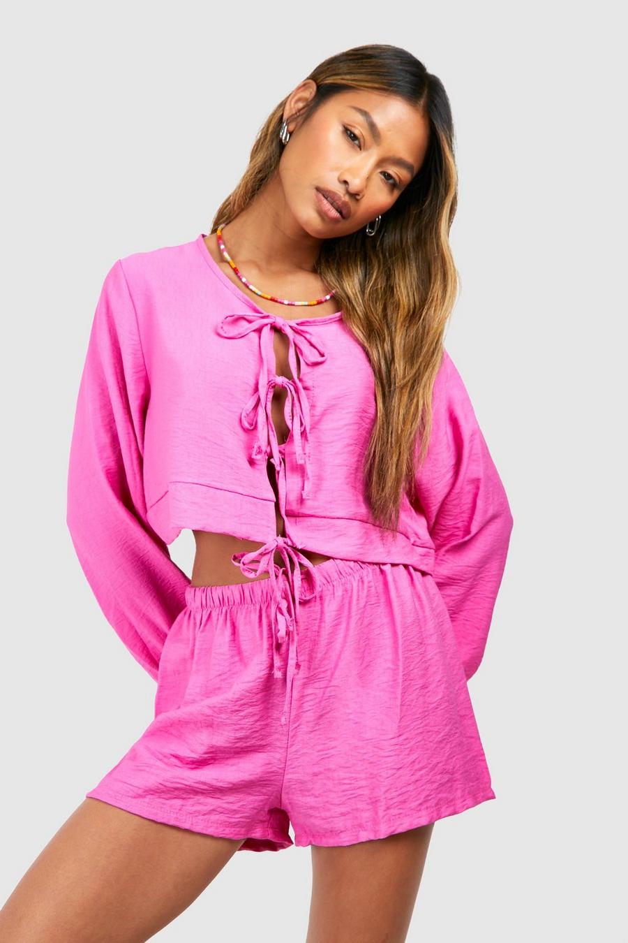Pantalón corto con vuelo y blusa efecto lino texturizada con mangas bombachas, Candy pink