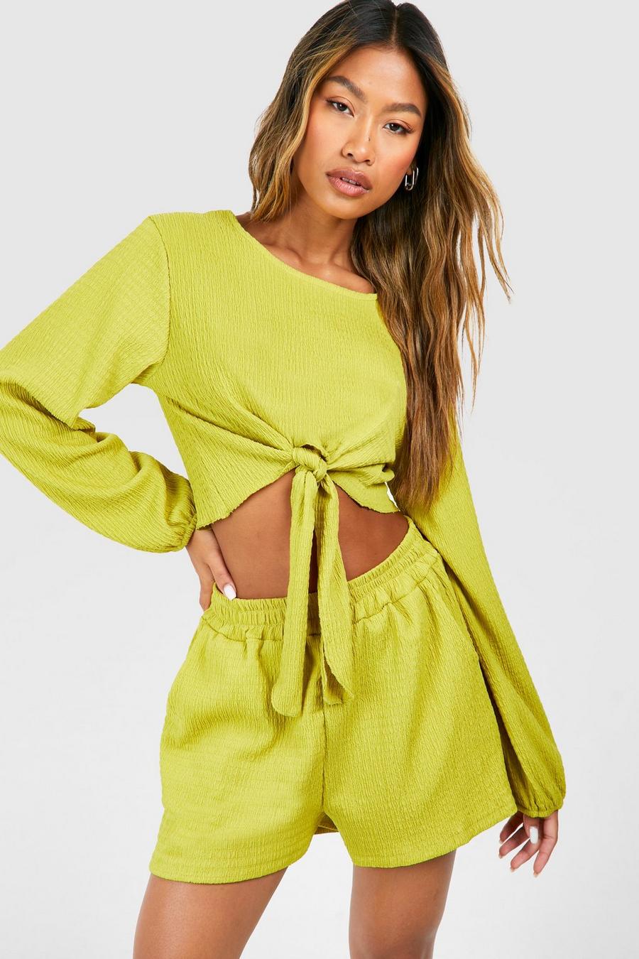 Chartreuse Textured Crinkle Puff Sleeve Crop & Flowy Shorts image number 1