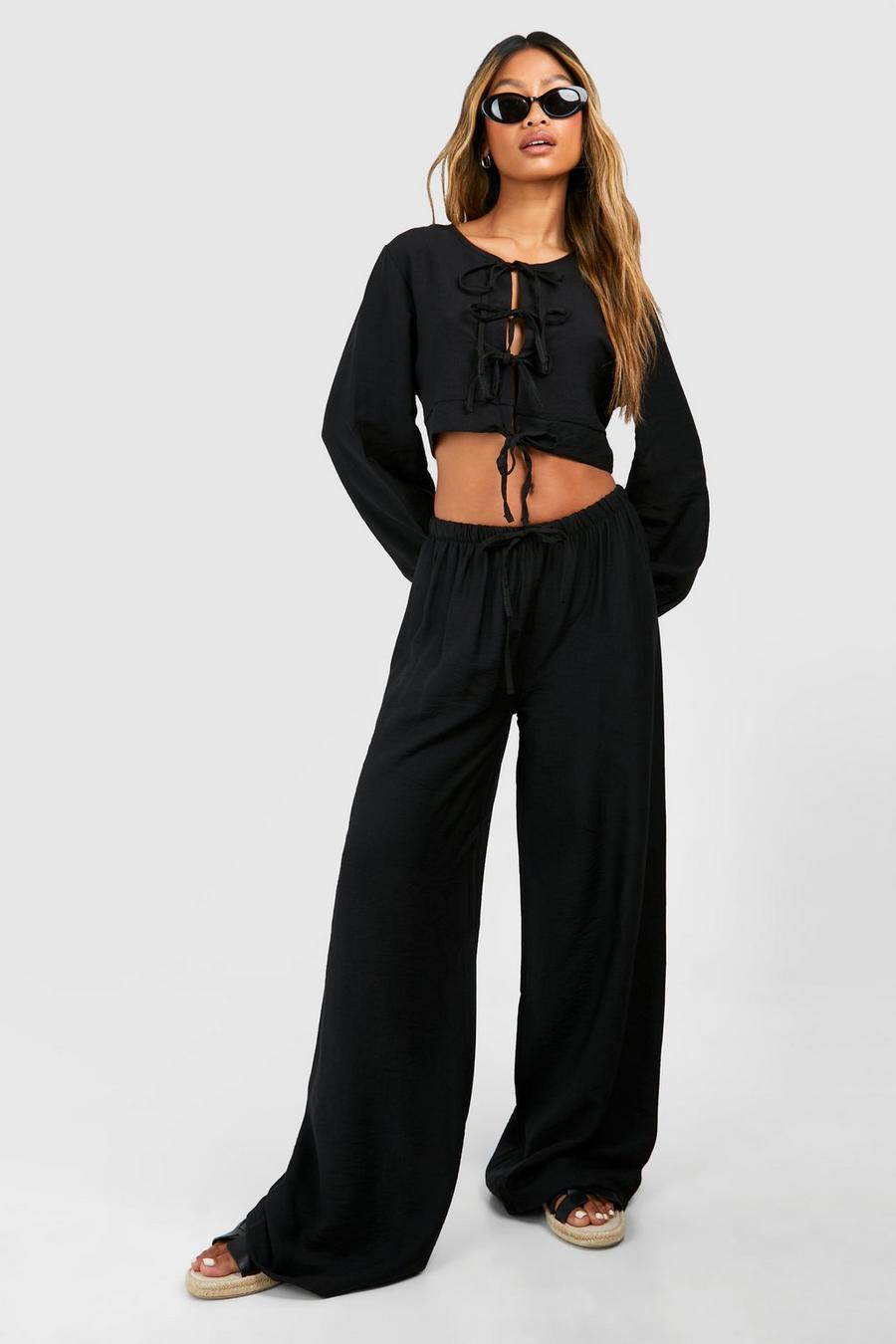 Pantalón de pernera ancha y blusa efecto lino texturizada con mangas bombachas, Black image number 1