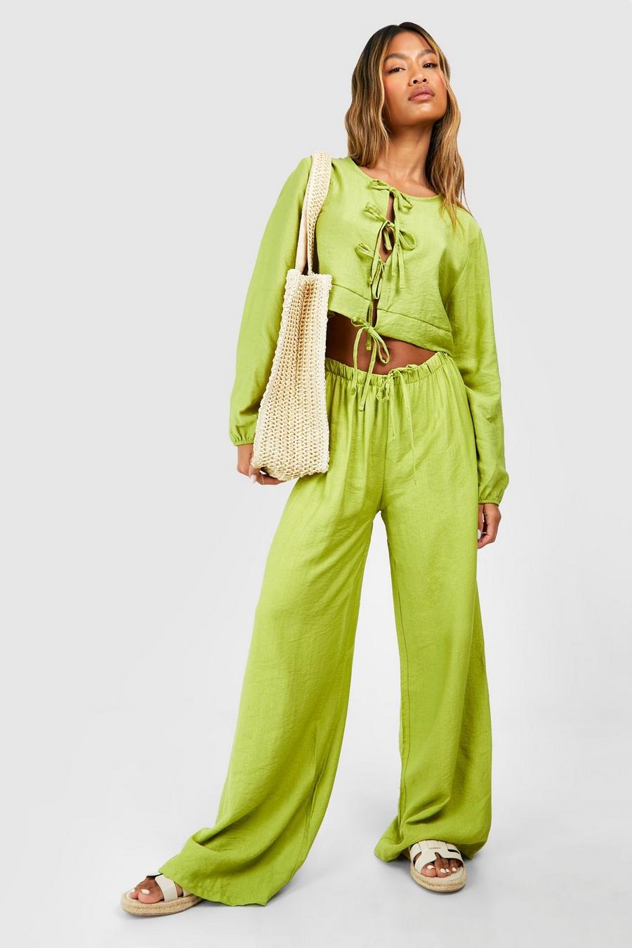 Pantalón de pernera ancha y blusa efecto lino texturizada con mangas bombachas, Olive