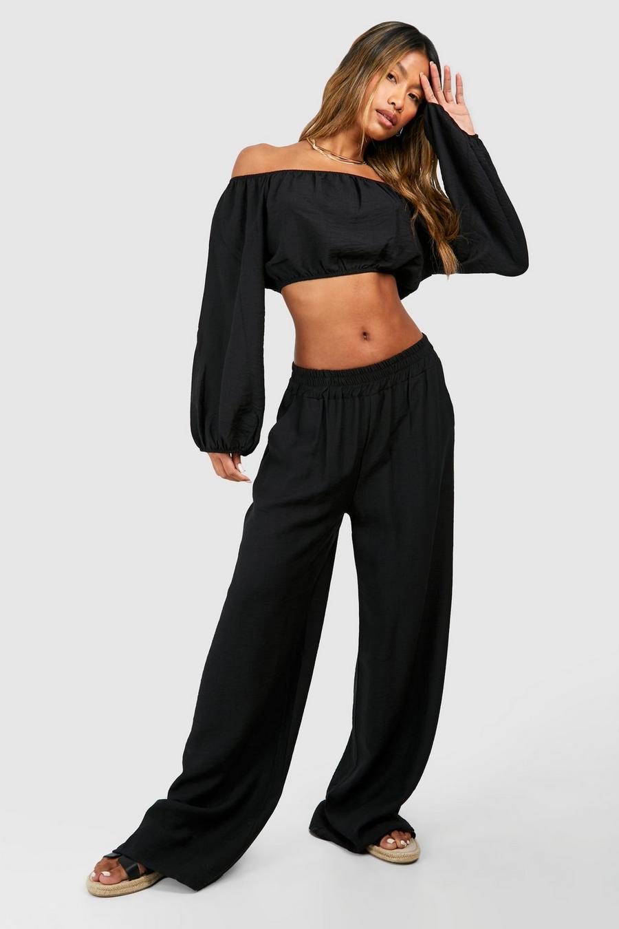 Crop top con trama, scollo Bardot e maniche ampie & pantaloni a gamba ampia, Black