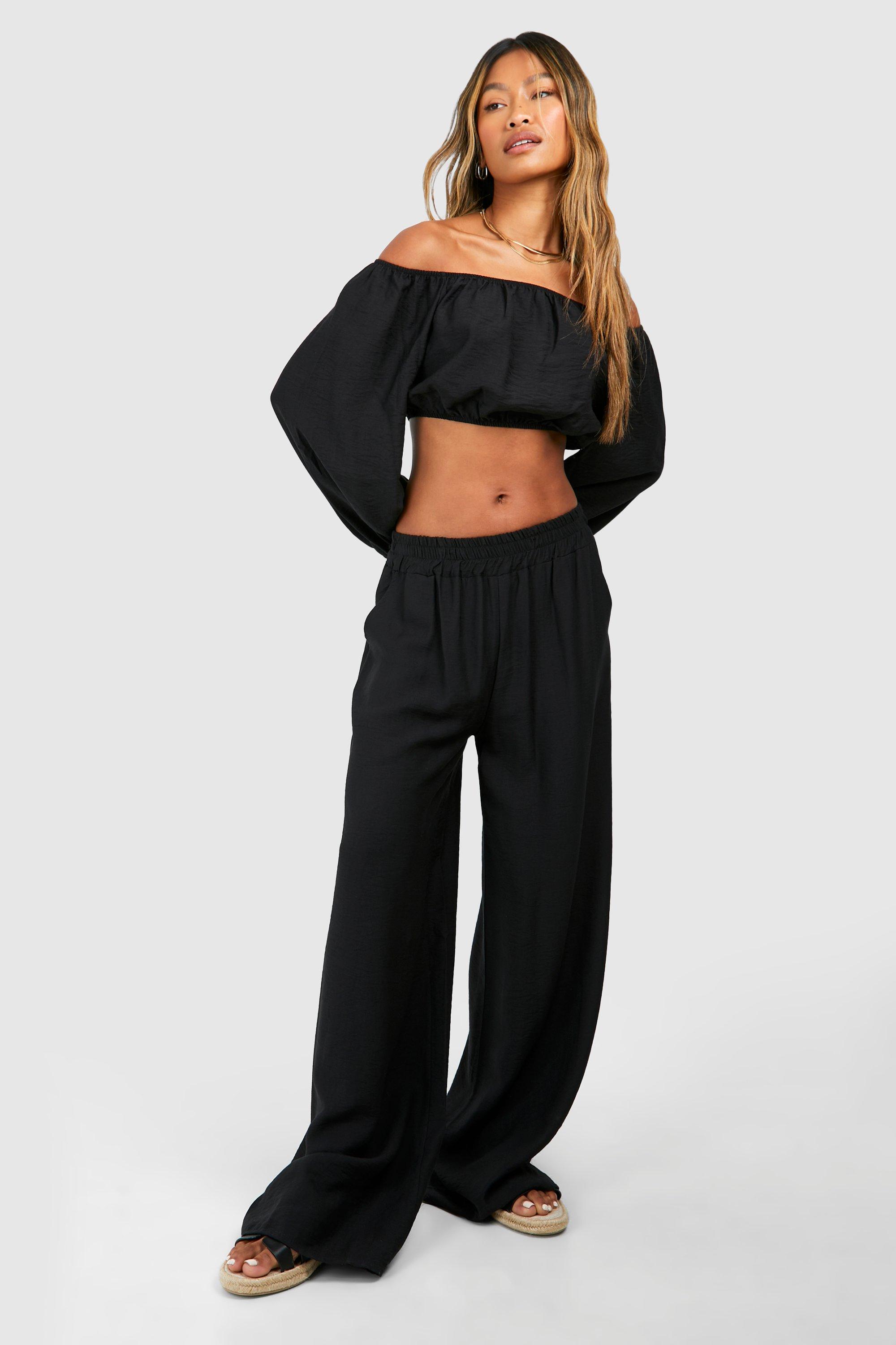 Textured Volume Sleeve Bardot Crop Wide Leg Pants