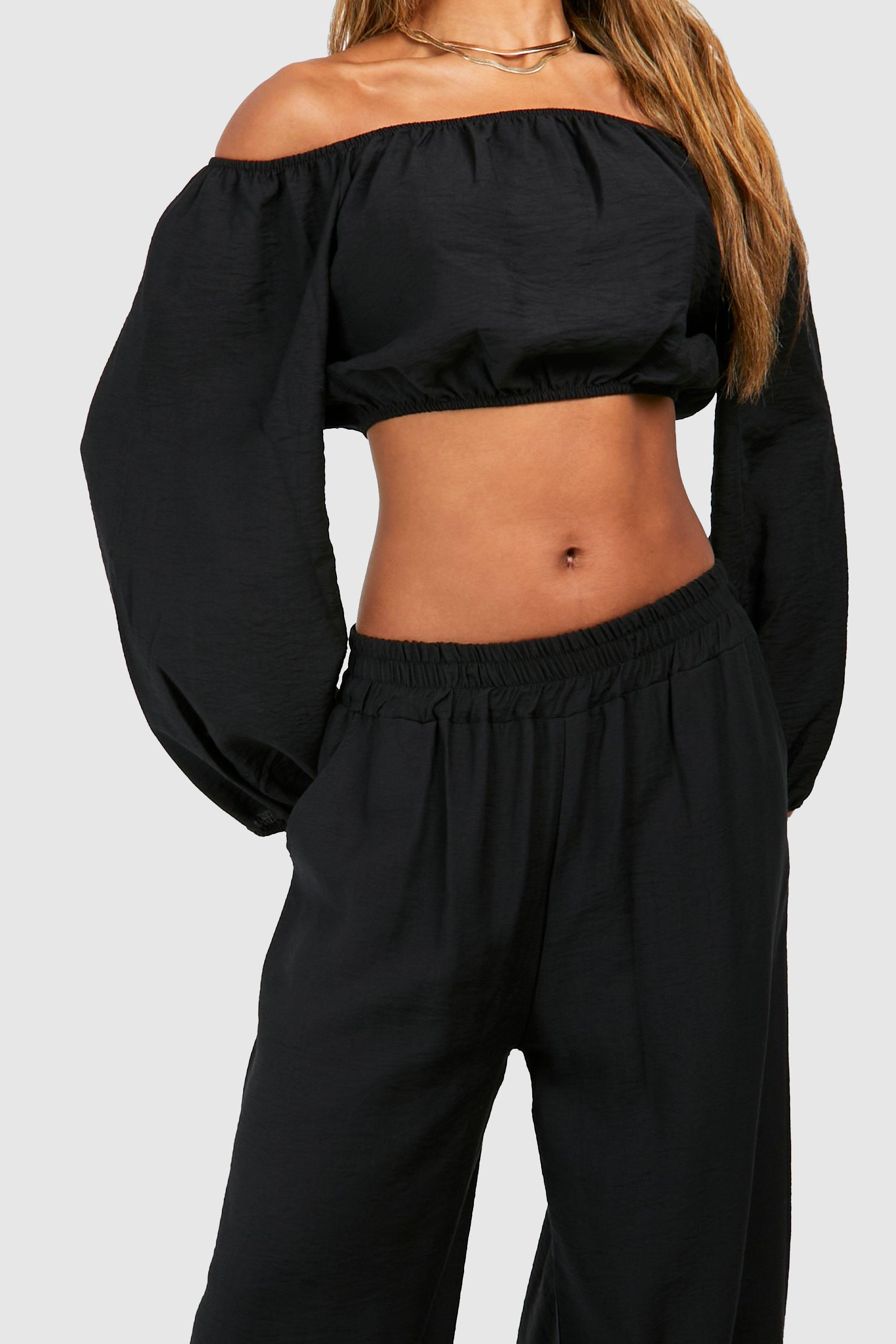 Off Shoulder Crop Top Met Textuur En Volle Mouwen En Wide Leg Broek