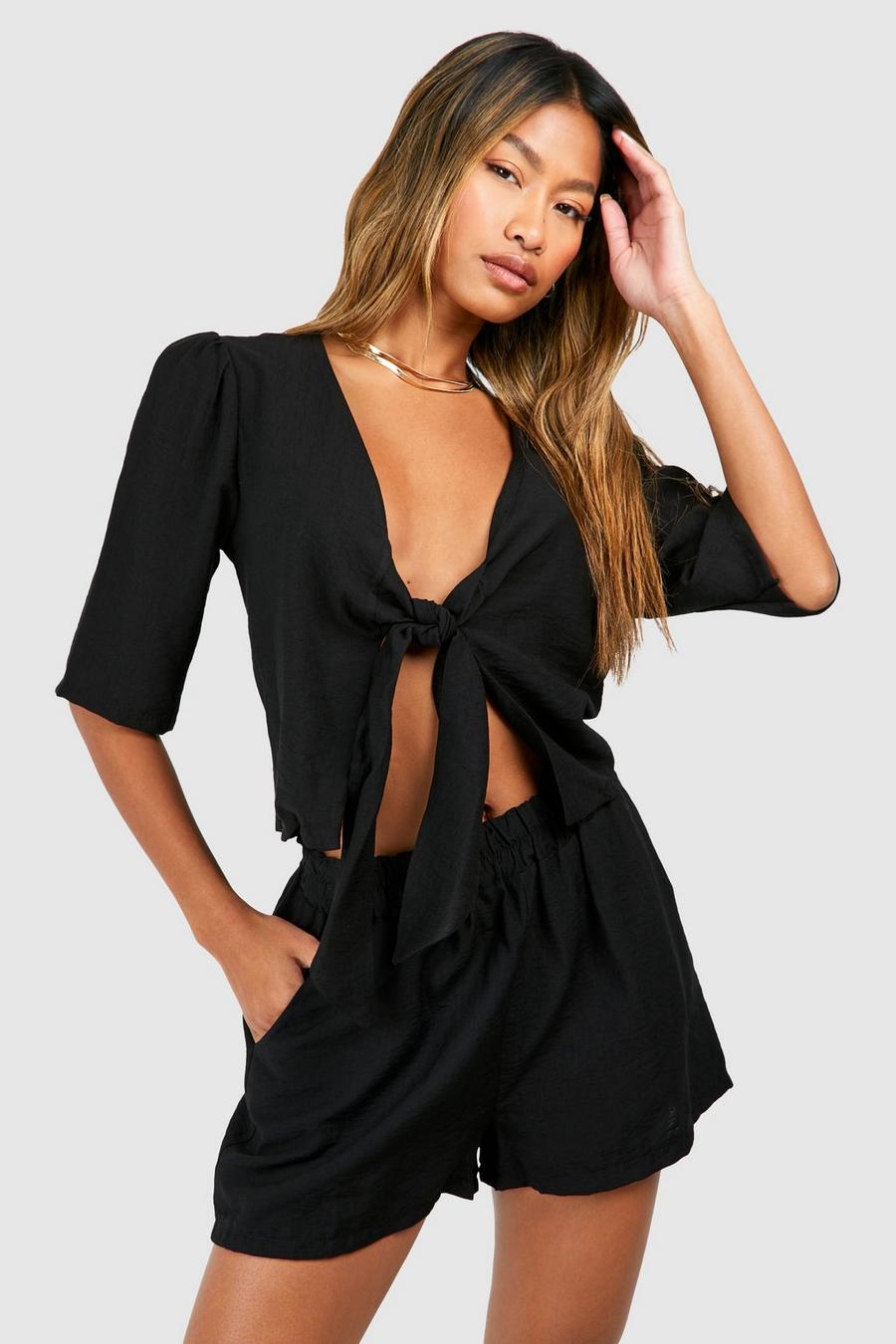 Black Textured Linen Look Tie Front Blouse & Flowy Shorts image number 1