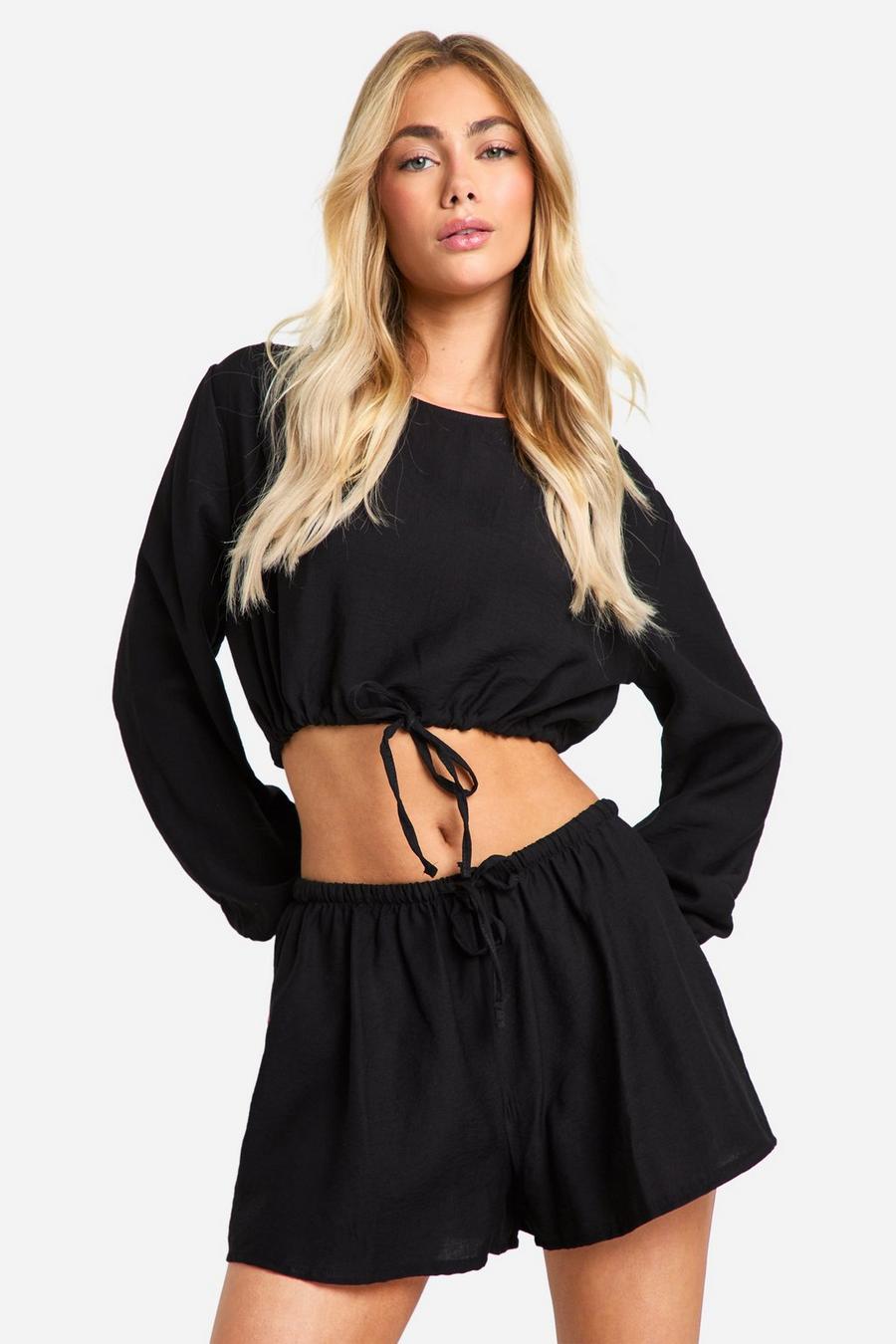 Black Textured Puff Sleeve Crop & Flowy Shorts image number 1