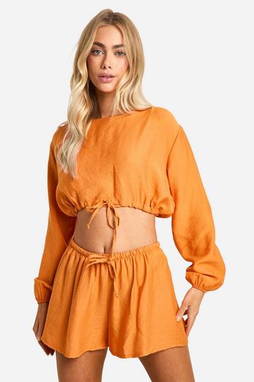 Crop Top Met Textuur En Volle Mouwen En Losse Shorts orange