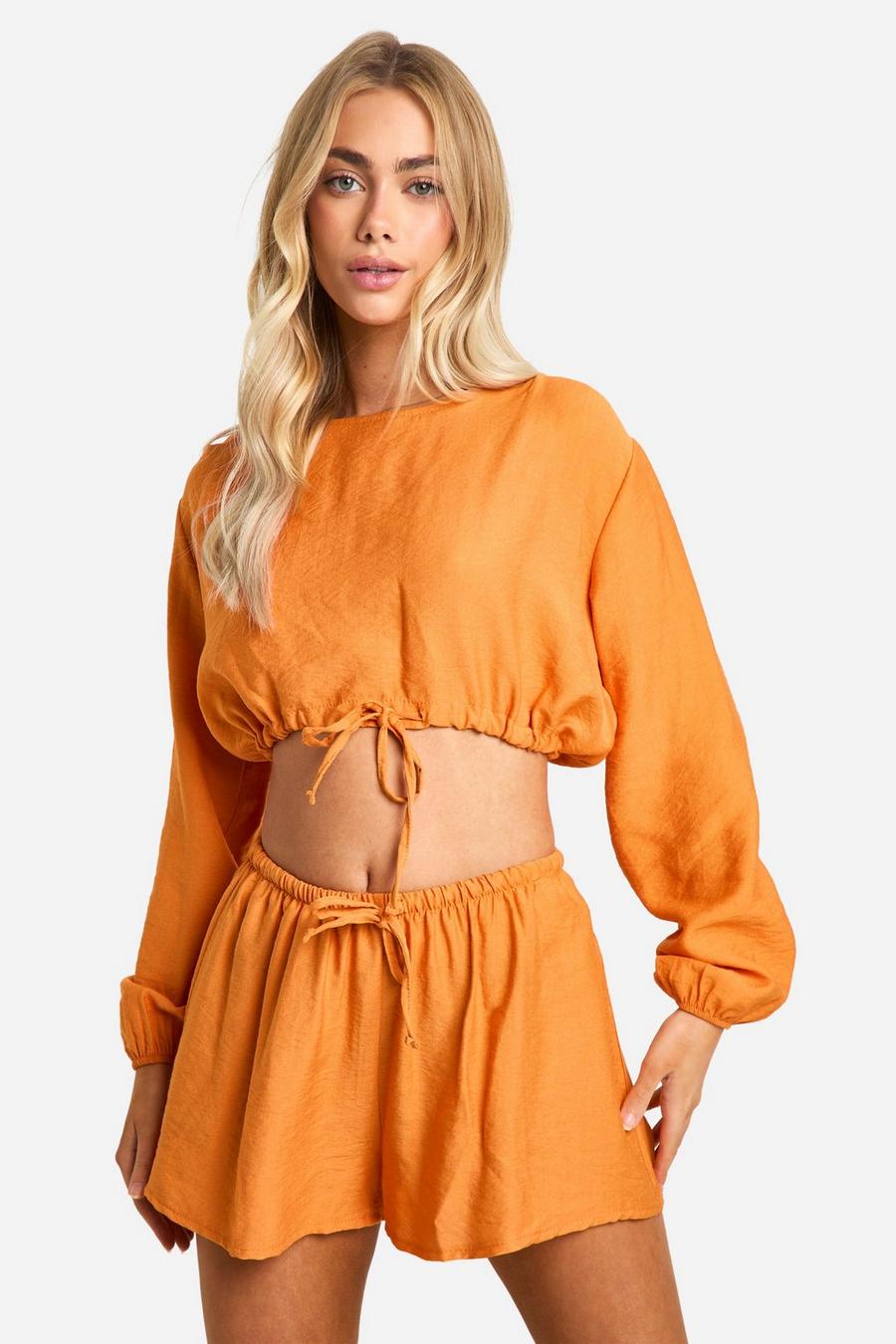 Orange Textured Puff Sleeve Crop & Flowy Shorts image number 1