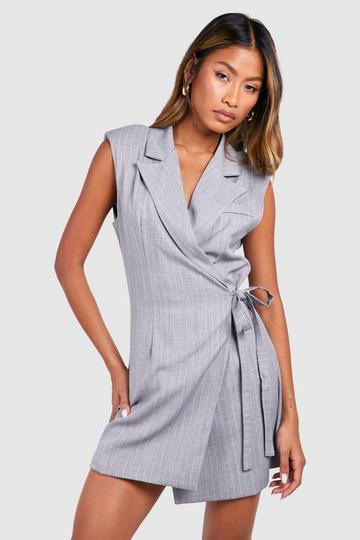 Grey Marl Pinstripe Shoulder Pad Tie Waist Blazer Dress