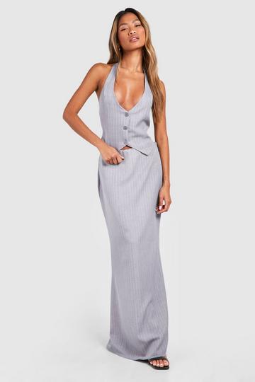 Marl Pinstripe Split Back Maxi Skirt light grey