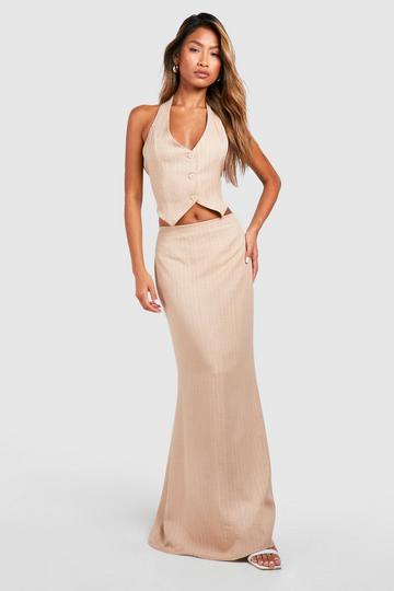 Marl Pinstripe Split Back Maxi Skirt sand