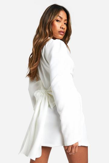 Puff Sleeve Bow Back Tailored Blazer Dress ivory