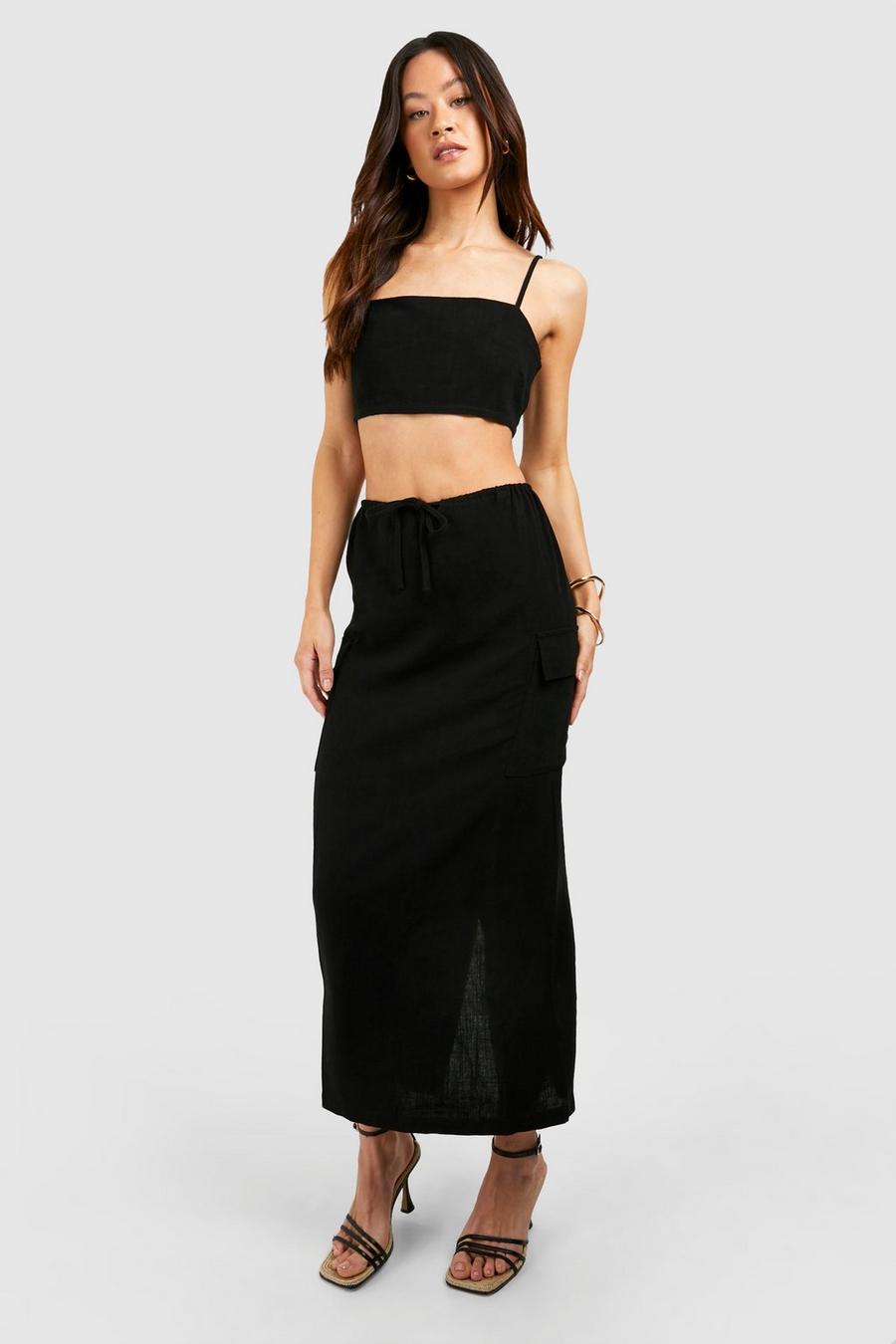 Black Tall Linen Pocket Midaxi Skirt 