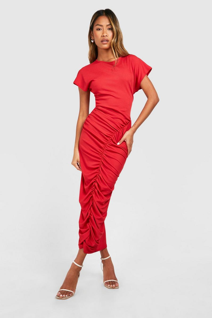 Red Rib Ruched Maxi Dress