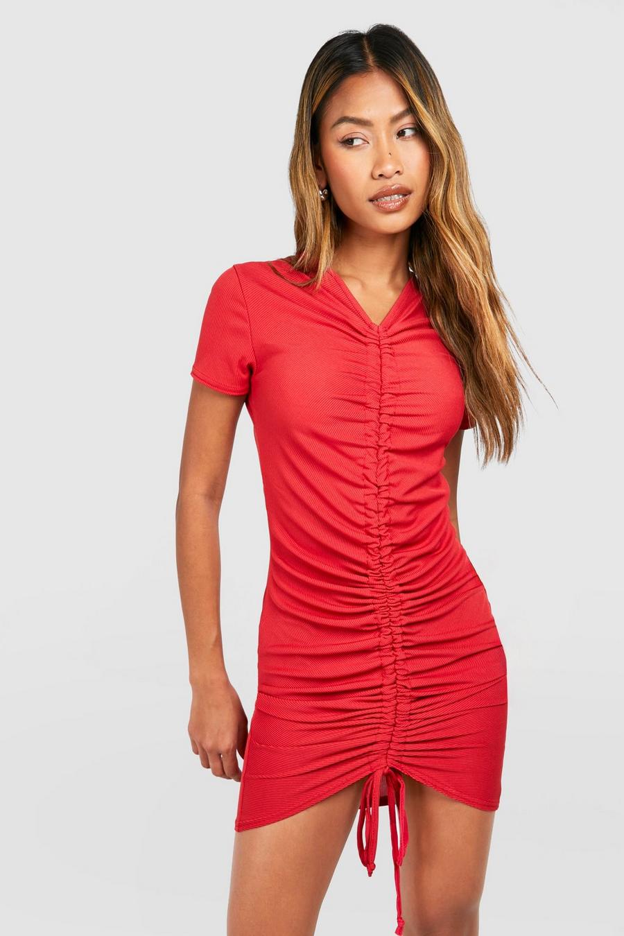 Red Rib Ruched Mini Dress con image number 1