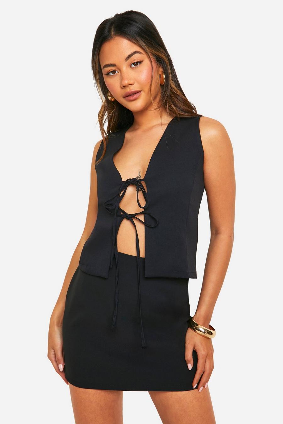 Black Relaxed Fit Tie Front Vest image number 1