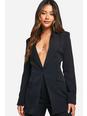 Black Plunge Front Single Button Fitted Blazer