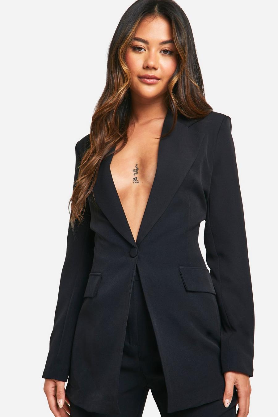 Black Plunge Front Single Button Fitted Blazer