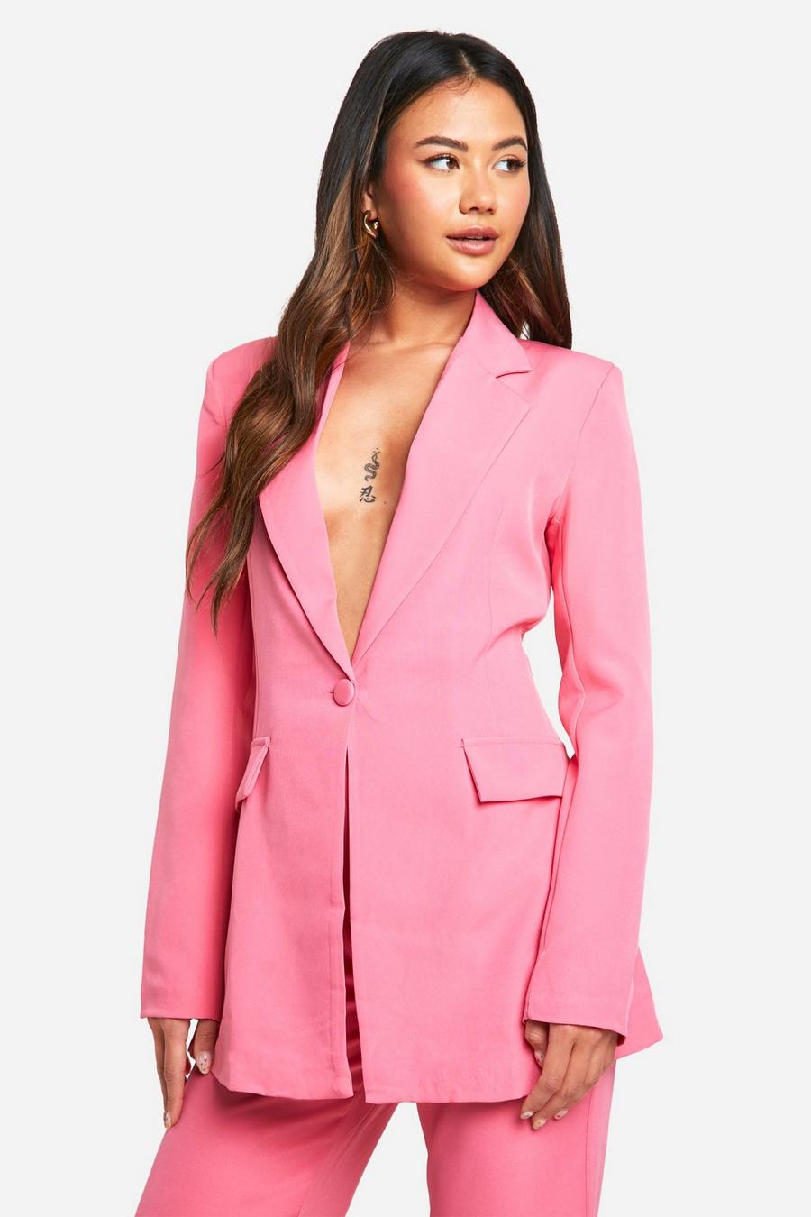 Bright pink Plunge Front Single Button Fitted Blazer