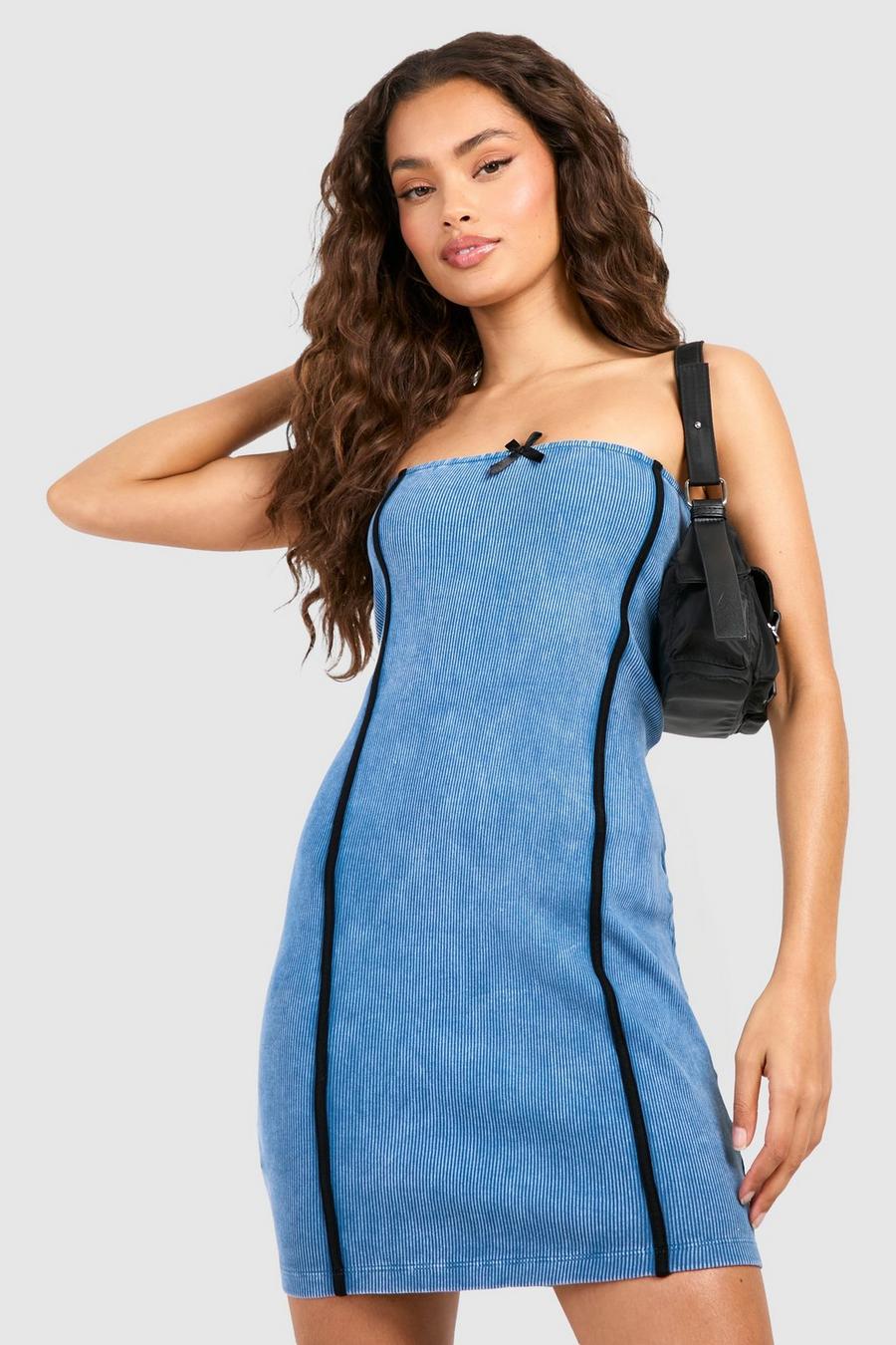 Denim-blue Denim Washed Ribbed Jersey Mini Dress  image number 1