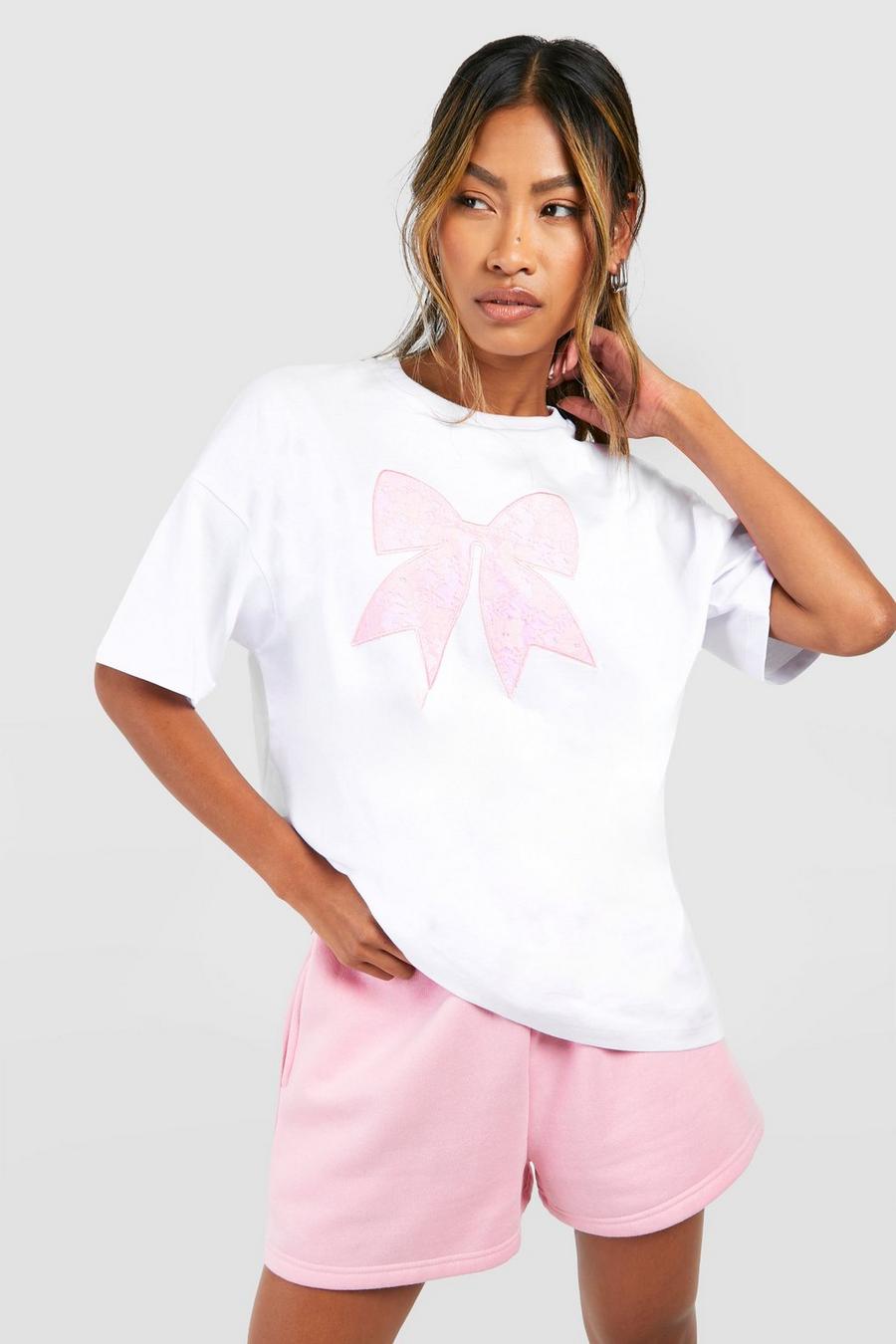 Camiseta oversize con aplique de encaje y lazo, White image number 1