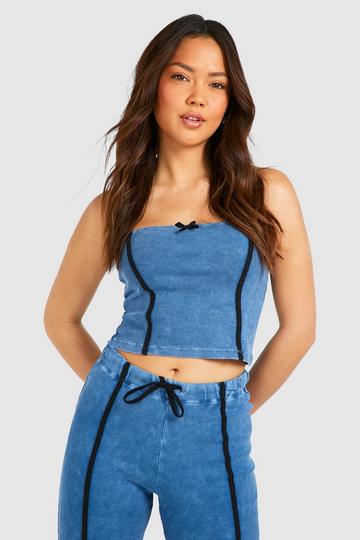 Acid Wash Bow Detail Ribbed Bandeau Top denim-blue