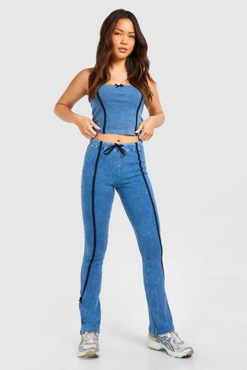 Acid Wash Gebleekte Geribbelde Flared Broek Met Strik Detail denim-blue