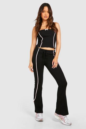 Bow Detail Ribbed Flare Trouser black