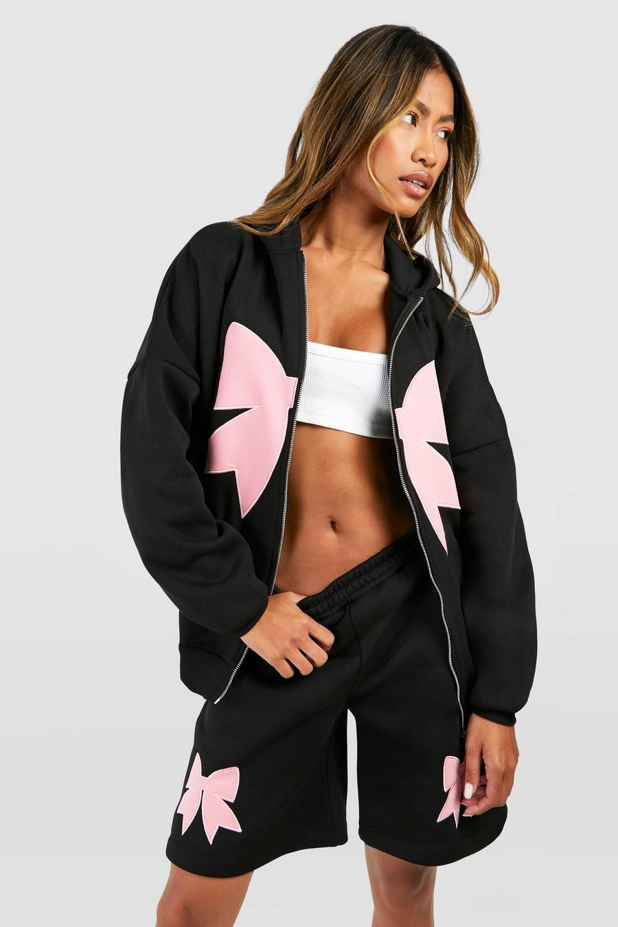 session Bow Applique Zip Through Oversized Hoodie 