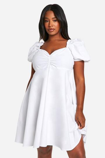 Plus Gesmokte Katoenen Poplin Jurk Met Pofmouwen white