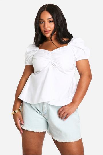 White Puff Sleeve Cotton Poplin Peplum Top