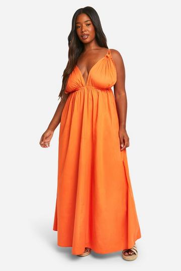 Plus Katoenen Poplin Maxi Jurk Met Bandjes orange