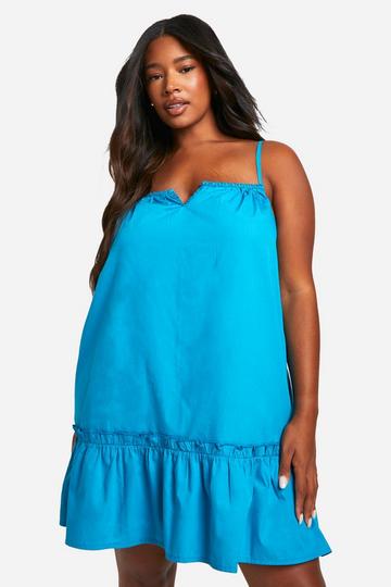 Plus Cotton Poplin Ruffle Hem Dress blue