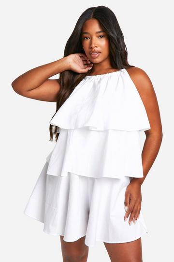 Plus Cotton Poplin Tiered Ruffle Playsuit white