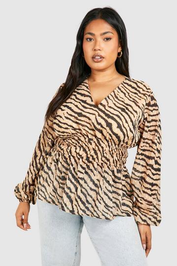 Plus Zebra Print Elasticated Waist Blouse brown