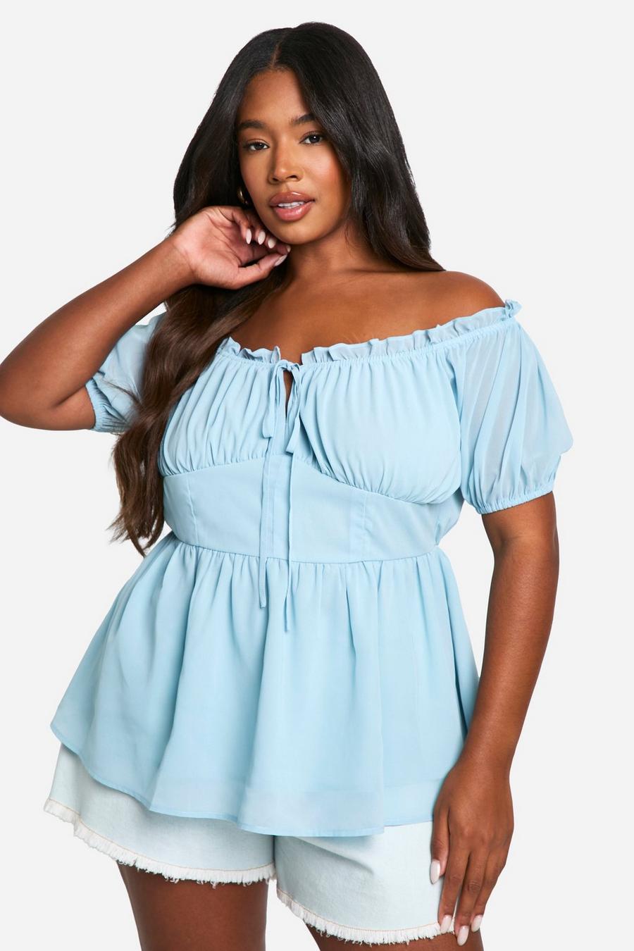 Blue Plus Off The Shoulder Lace Up Peplum Top image number 1